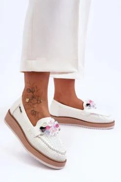 Damskie Boto Damskie Mokasyny Na Platformie Z Kamieniami Białe Elonore