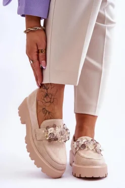 Damskie Boto Damskie Mokasyny Na Platformie Z Ozdobami Beżowe Brenda