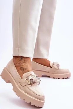 Damskie Boto Damskie Mokasyny Na Platformie Z Ozdobami Beżowe Brenda