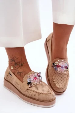 Outlet Boto Damskie Mokasyny Na Platformie Z Kamieniami Beżowe Elonore