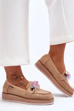 Outlet Boto Damskie Mokasyny Na Platformie Z Kamieniami Beżowe Elonore