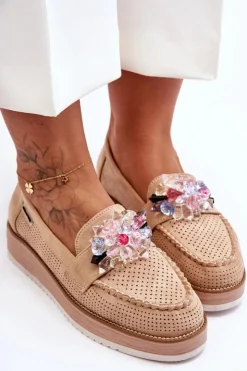 Outlet Boto Damskie Mokasyny Na Platformie Z Kamieniami Beżowe Elonore