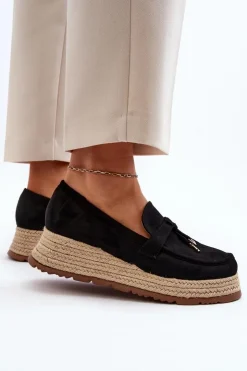 Damskie Boto Damskie Mokasyny Na Plecionej Podeszwie Czarne Torresia