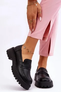 Big Star Shoes Półbuty Skórzane|Mokasyny Damskie Skórzane*Damskie Mokasyny Półbuty Skórzane Big Star LL274458 Czarne