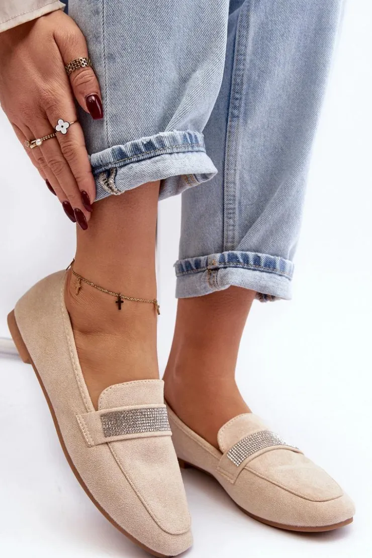 Damskie Boto Damskie Mokasyny Z Cyrkoniami Beżowe Ralrika