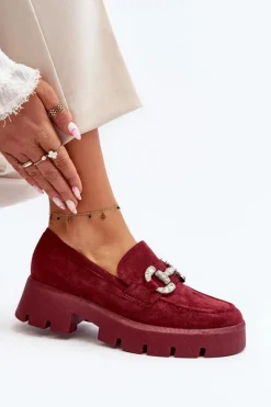 Discount Boto Damskie Mokasyny Z Ozdobą Bordowe Ellise