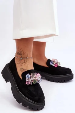 Damskie Boto Damskie Mokasyny Z Ozdobnymi Kryształami Czarne Avril