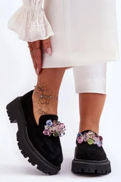 Damskie Boto Damskie Mokasyny Z Ozdobnymi Kryształami Czarne Avril