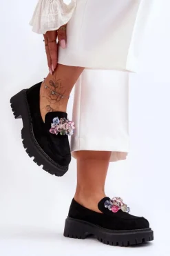 Damskie Boto Damskie Mokasyny Z Ozdobnymi Kryształami Czarne Avril