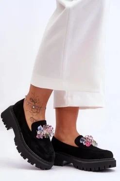 Damskie Boto Damskie Mokasyny Z Ozdobnymi Kryształami Czarne Avril