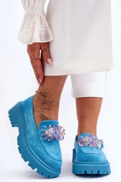 Damskie Boto Damskie Mokasyny Z Ozdobnymi Kryształami Niebieskie Avril