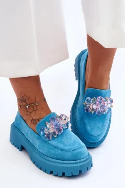 Damskie Boto Damskie Mokasyny Z Ozdobnymi Kryształami Niebieskie Avril