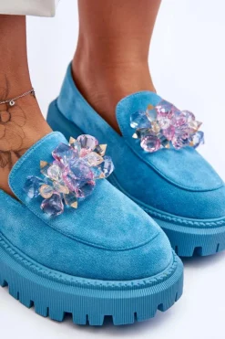 Damskie Boto Damskie Mokasyny Z Ozdobnymi Kryształami Niebieskie Avril