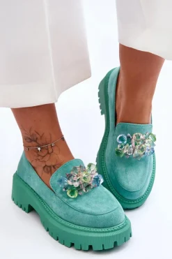Damskie Boto Damskie Mokasyny Z Ozdobnymi Kryształami Zielone Avril