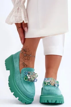 Damskie Boto Damskie Mokasyny Z Ozdobnymi Kryształami Zielone Avril