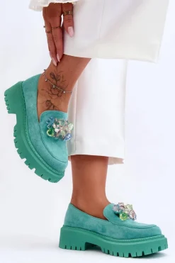 Damskie Boto Damskie Mokasyny Z Ozdobnymi Kryształami Zielone Avril