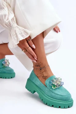 Damskie Boto Damskie Mokasyny Z Ozdobnymi Kryształami Zielone Avril