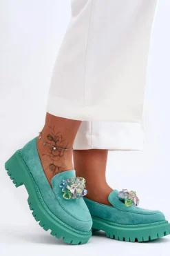 Damskie Boto Damskie Mokasyny Z Ozdobnymi Kryształami Zielone Avril