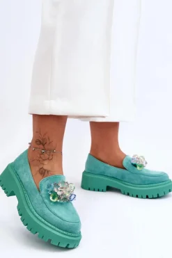 Damskie Boto Damskie Mokasyny Z Ozdobnymi Kryształami Zielone Avril