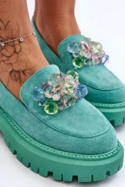 Damskie Boto Damskie Mokasyny Z Ozdobnymi Kryształami Zielone Avril