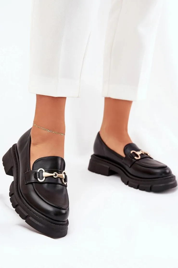 Boto Mokasyny Płaskie|Mokasyny Damskie Skórzane*Damskie Mokasyny Ze Złotym Detalem Eko Skórzane Czarne Gemitha