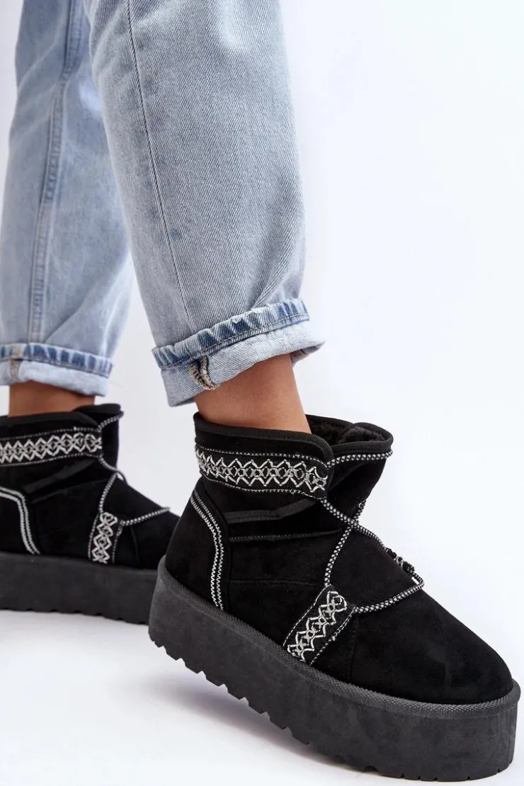 Outlet Boto Damskie Śniegowce Na Grubej Podeszwie Z Wiązaniem Czarne Milson