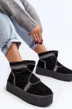 Outlet Boto Damskie Śniegowce Na Grubej Podeszwie Z Wiązaniem Czarne Milson