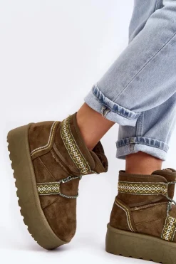 Boto Śniegowce Damskie*Damskie Śniegowce Na Grubej Podeszwie Z Wiązaniem Zielone Milson