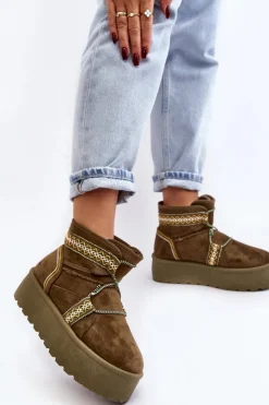 Boto Śniegowce Damskie*Damskie Śniegowce Na Grubej Podeszwie Z Wiązaniem Zielone Milson