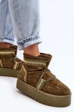 Boto Śniegowce Damskie*Damskie Śniegowce Na Grubej Podeszwie Z Wiązaniem Zielone Milson