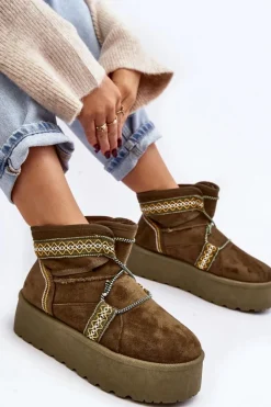 Boto Śniegowce Damskie*Damskie Śniegowce Na Grubej Podeszwie Z Wiązaniem Zielone Milson