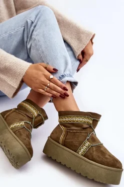 Boto Śniegowce Damskie*Damskie Śniegowce Na Grubej Podeszwie Z Wiązaniem Zielone Milson