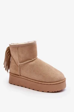 Outlet Boto Damskie Śniegowce Na Masywnej Platformie Z Frędzlami Beżowe Lirico