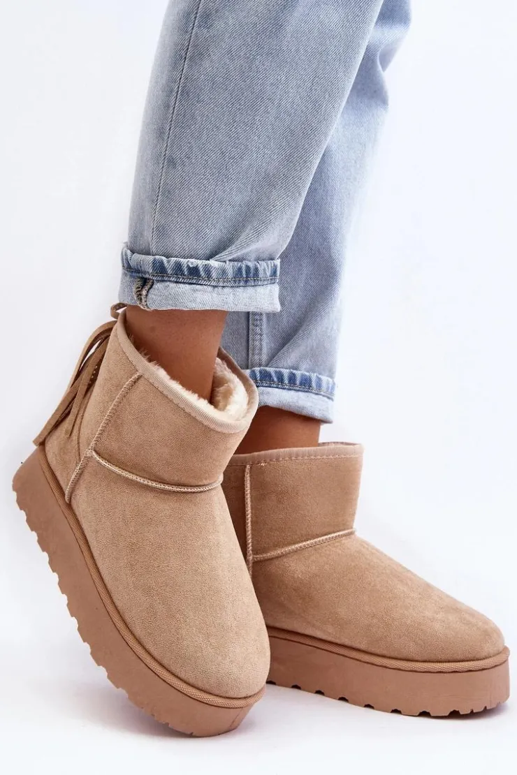 Outlet Boto Damskie Śniegowce Na Masywnej Platformie Z Frędzlami Beżowe Lirico