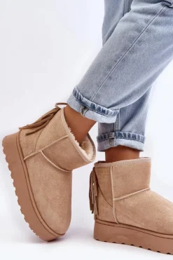 Outlet Boto Damskie Śniegowce Na Masywnej Platformie Z Frędzlami Beżowe Lirico