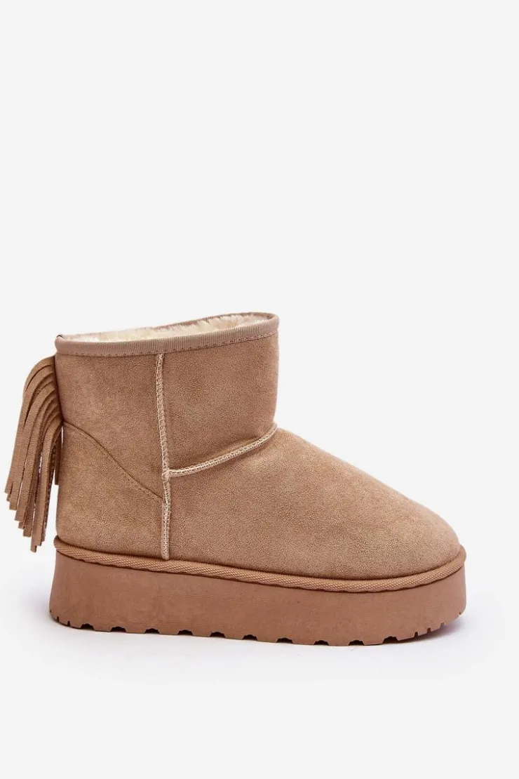 Outlet Boto Damskie Śniegowce Na Masywnej Platformie Z Frędzlami Beżowe Lirico