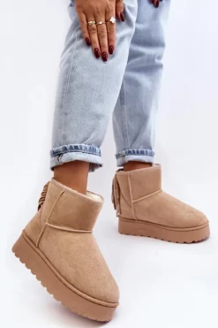 Outlet Boto Damskie Śniegowce Na Masywnej Platformie Z Frędzlami Beżowe Lirico