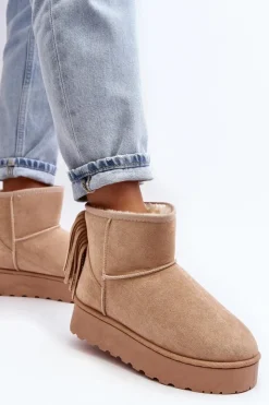 Outlet Boto Damskie Śniegowce Na Masywnej Platformie Z Frędzlami Beżowe Lirico