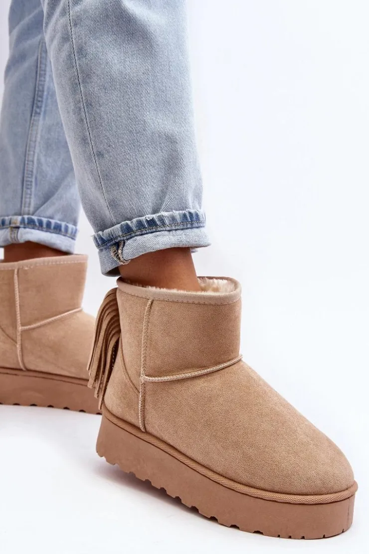 Outlet Boto Damskie Śniegowce Na Masywnej Platformie Z Frędzlami Beżowe Lirico