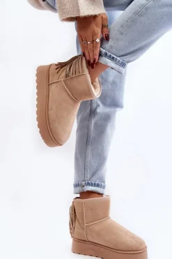 Outlet Boto Damskie Śniegowce Na Masywnej Platformie Z Frędzlami Beżowe Lirico