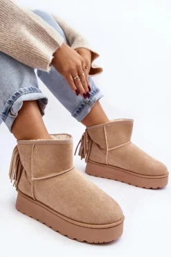 Outlet Boto Damskie Śniegowce Na Masywnej Platformie Z Frędzlami Beżowe Lirico