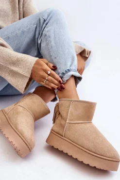 Outlet Boto Damskie Śniegowce Na Masywnej Platformie Z Frędzlami Beżowe Lirico