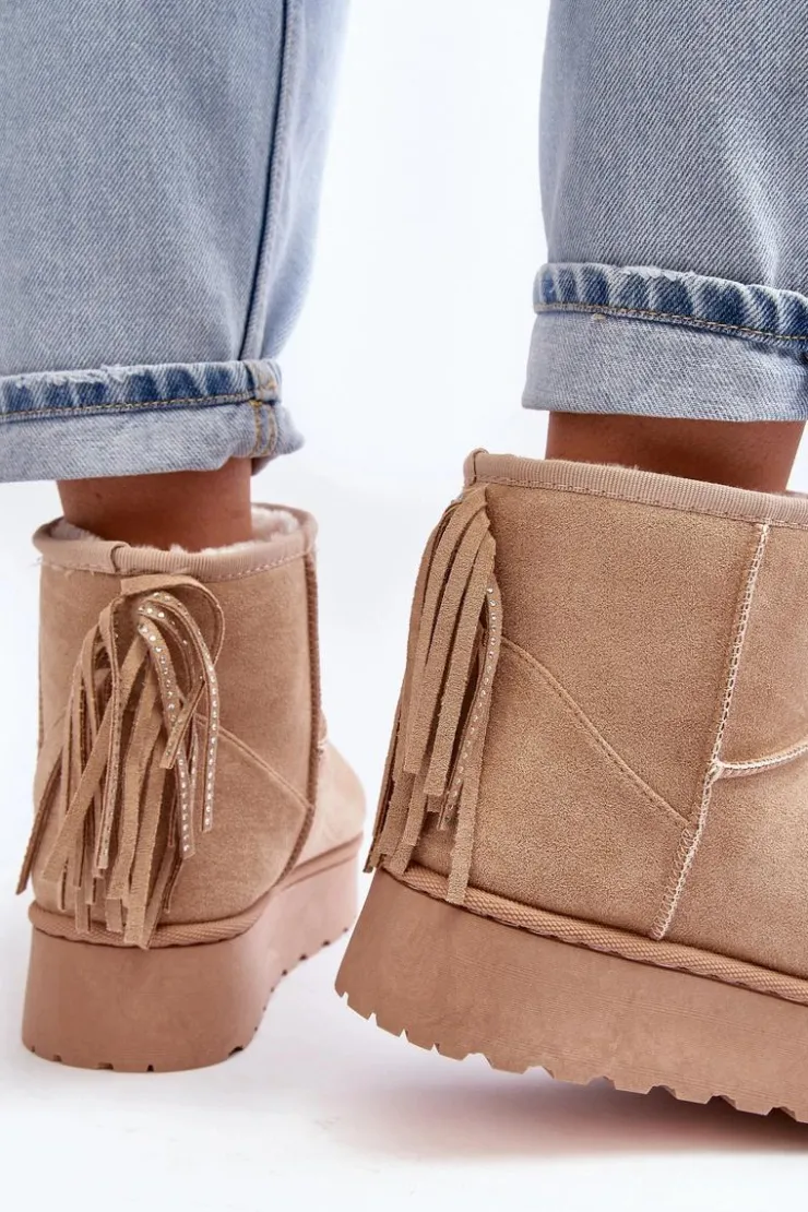 Outlet Boto Damskie Śniegowce Na Masywnej Platformie Z Frędzlami Beżowe Lirico