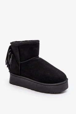 Boto Śniegowce Damskie*Damskie Śniegowce Na Masywnej Platformie Z Frędzlami Czarne Lirico