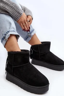 Boto Śniegowce Damskie*Damskie Śniegowce Na Masywnej Platformie Z Frędzlami Czarne Lirico