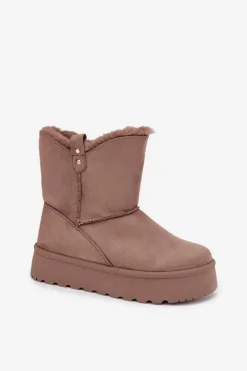 Damskie Boto Damskie Śniegowce Na Platformie Z Futerkiem Ciemnobeżowe Evelira