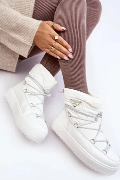 Clearance Boto Damskie Śniegowce Na Platformie Z Wiązaniem Białe Fleure Biały