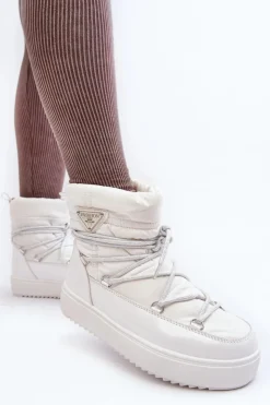 Clearance Boto Damskie Śniegowce Na Platformie Z Wiązaniem Białe Fleure Biały