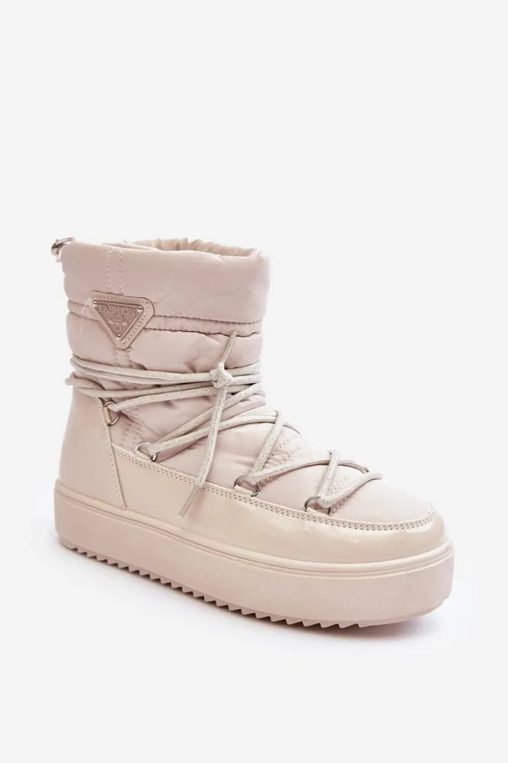 Boto Śniegowce Damskie*Damskie Śniegowce Na Platformie Z Wiązaniem Beżowe Fleure Beżowy