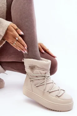 Boto Śniegowce Damskie*Damskie Śniegowce Na Platformie Z Wiązaniem Beżowe Fleure Beżowy